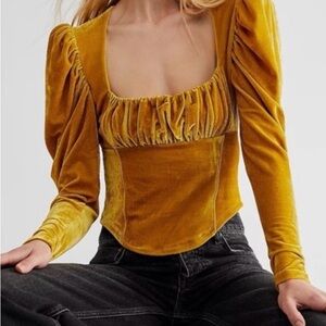 Free People Mustard Velvet Blouse